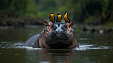 A hippo with three birds on its head. The birds are yellow and blue. The scene is peaceful and serene
