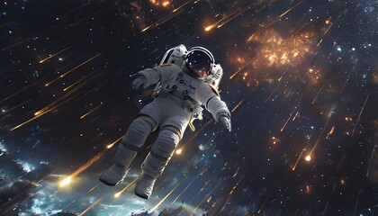 Fototapeta premium Astronaut Spacewalking Through a Meteor Shower 