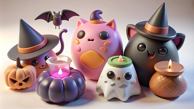 A set of cute Halloween decorations featuring pumpkins and potion bottles with playful expressions