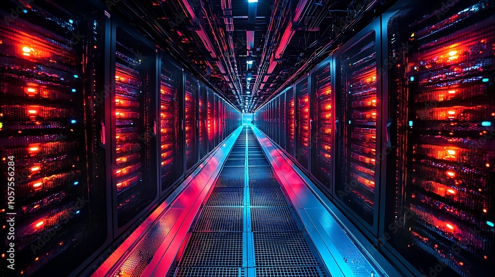 Poster modern data center with illuminated racks
