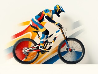 Fototapeta premium Mountain biker in colorful gear riding downhill.