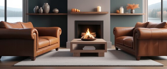 Cozy modern living room with leather sofas and fireplace by the lake