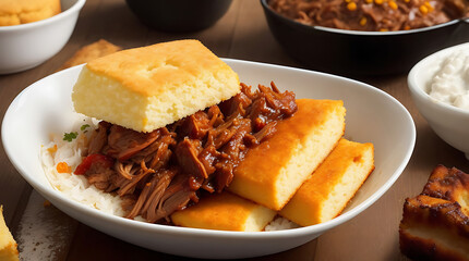 Homemade close up of meat in plate on table tasty fresh bbq pulled pork served with cornbread in a white bowl background.