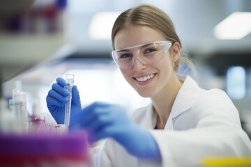 A young woman with blue gloves, goggles and white lab coat is working in the laboratory and smiling to the camera.