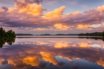  Golden hour sky with a mix of yellow peach and light lavender clouds over a tranquil lake, AI Generated