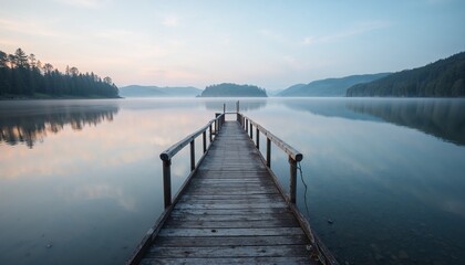 Fototapeta premium Misty morning at tranquil lake with wooden pier and distant hills