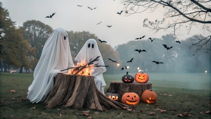 a ghosts in a park, holding branches and warming themselves by a fire, behind them are jack-o-lanterns