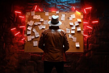 Retro-inspired scene of a detective with a corkboard and notes, with sepia tones capturing the nostalgic feel of traditional investigative methods, symbolizing heritage and patience
