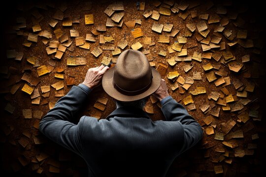 Retro-inspired scene of a detective with a corkboard and notes, with sepia tones capturing the nostalgic feel of traditional investigative methods, symbolizing heritage and patience