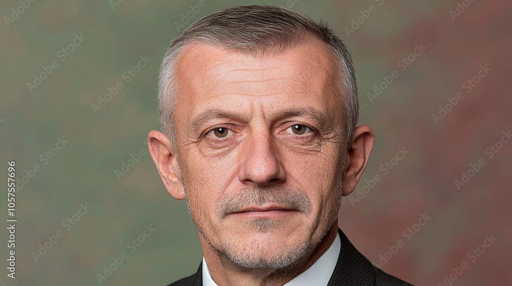 Poster portrait of a distinguished individual with a professional demeanor and subtle expression in a blurr