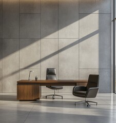 A desk with two chairs and a lamp. The desk is made of wood and the chairs are black