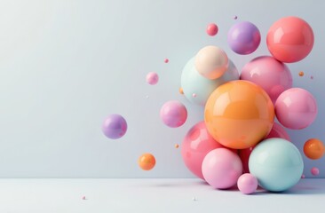 Some floatig colorful 3d spheres, without patterns, arranged against a light gray background.