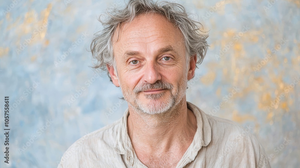 Poster portrait of a mature man with natural expression against a soft textured background highlighting aut