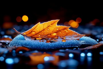 Snow slowly melting on a forest leaf in early spring, with delicate water droplets and soft sunlight symbolizing renewal and change, symbolizing nature and warmth