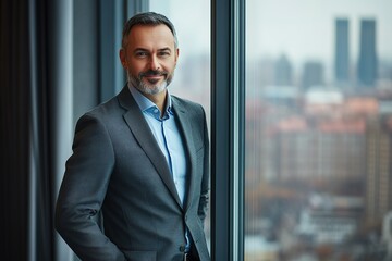 Fototapeta premium Confident businessman by window with city view