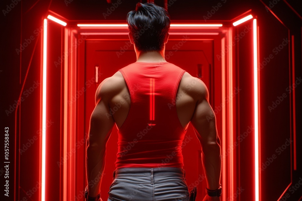 Poster suspect in a futuristic, high-tech interrogation room with holographic screens displaying case detai