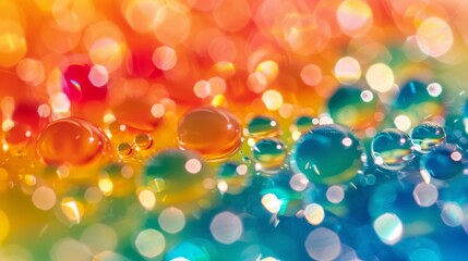 Close-up of water beads with a gradient of intense colors creating a lively and eye-catching visual impact