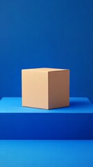 One cube-shaped blank cardboard container on a  blue backdrop. Mockup of a cardboard box on a blue background