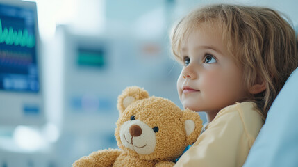 A young child in a hospital room holding a teddy bear, looking thoughtfully. Medical equipment is visible in the background.