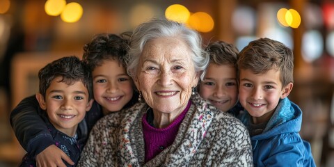 Naklejka premium Elderly lady smiling with four young children