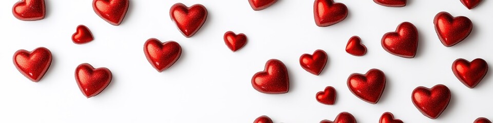 Fototapeta premium Red hearts scattered on white background, love concept