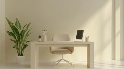 Pastel beige minimalist office desk table. Minimalist workplace in modern design. For a desk and workspace, keep it simple. mockup model