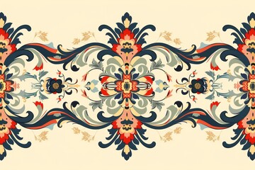 Intricate vintage floral pattern in red, blue, and beige tones, perfect for backgrounds, textile designs, wallpapers, and digital art projects.