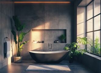 A bathroom with a bathtub, a potted plant, and a window. The bathtub is black and the plant is green