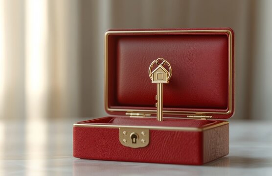 Red Leather Ring Box with Golden House Key Inside
