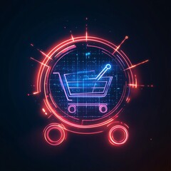 Futuristic shopping cart icon with neon technology elements