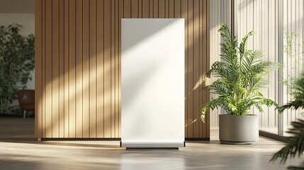 Roll up mockup poster stand. A roll-up booth in a minimalist environment. Blank space for text 