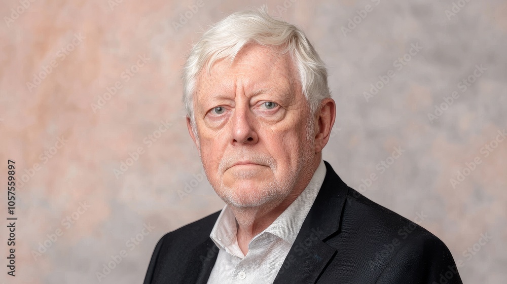 Poster portrait of a distinguished older man in a formal attire against a softly textured background captur