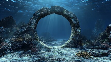 An ancient stone archway submerged beneath the ocean's surface, with sunlight filtering through the water above.