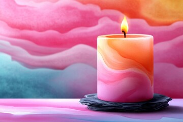 Watercolor illustration of a candle with melting wax, with soft hues capturing the gentle, warm essence of relaxation, symbolizing peace and charm
