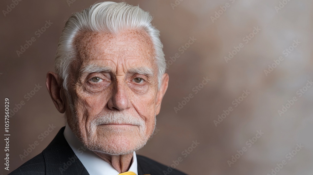 Poster a thoughtful portrait of an elderly man with distinguished features and a captivating expression in 