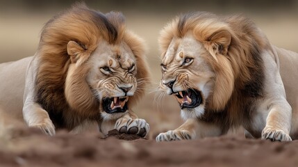 Two male lions with full manes displaying aggression, baring teeth in a desert landscape, focusing on their intense expressions and natural habitat.