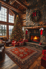 Fototapeta premium A cozy living room with a Christmas tree, fireplace, and gifts