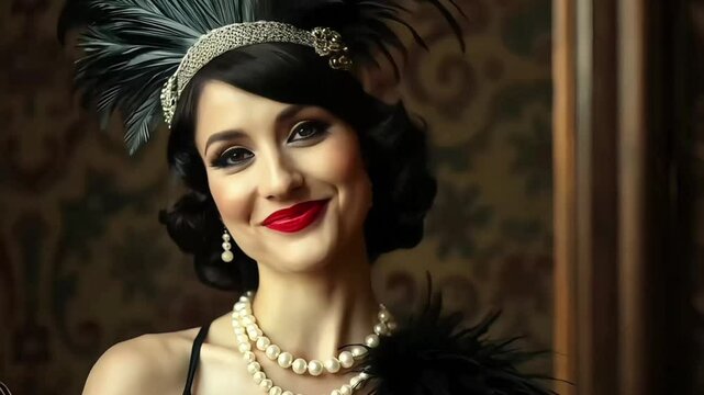 A 1920s flapper adorned with pearls and feathers embodies the glamorous spirit of the era