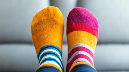 Friends comparing their funny socks, closeup of feet, National Sock Day fun