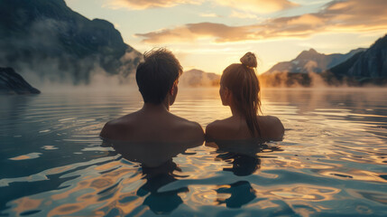 Young happy couple bathing in hot thermal spring at sunset with beautiful view of mountains. Self-care, healthy lifestyle, leisure, travel, mental health