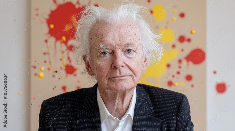 Poster a profound portrait of an elderly man against a colorful abstract background reflecting artistic exp