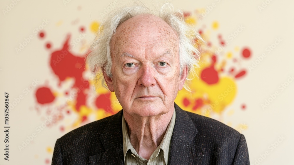 Poster an introspective portrait of an elderly man against a colorful background capturing the essence of a