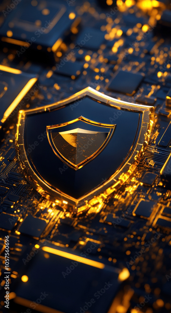 Poster shield logo on background of glowing gold bars and circuit patterns evokes sense of security and