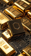High resolution photograph of gold bars and microchip on circuit board