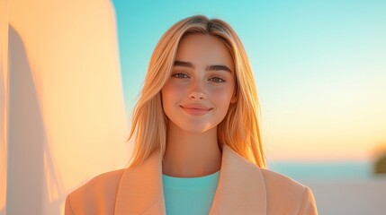 Naklejka premium Captivating portrait of a young woman against a striking sunset backdrop exuding confidence and serenity in a modern urban setting