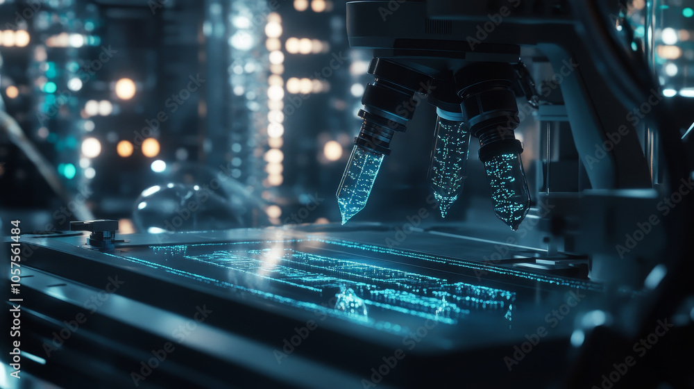 Poster close up of microscope analyzing glowing dna sequence in sterile lab. intricate details highlight ad