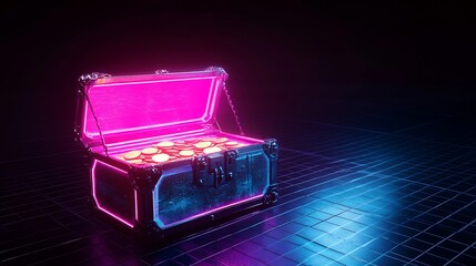 Futuristic chest glowing with pink light, open on a grid floor.