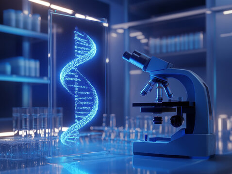 futuristic biology lab featuring microscope and holographic DNA strand, showcasing advanced scientific research and innovation
