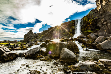 Landscape with sun light diffraction effect. Sunrays.
Iceland, the island country in Europe is one...