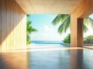 A large open room with a pool and a view of the ocean. The room is made of wood and has a lot of natural light